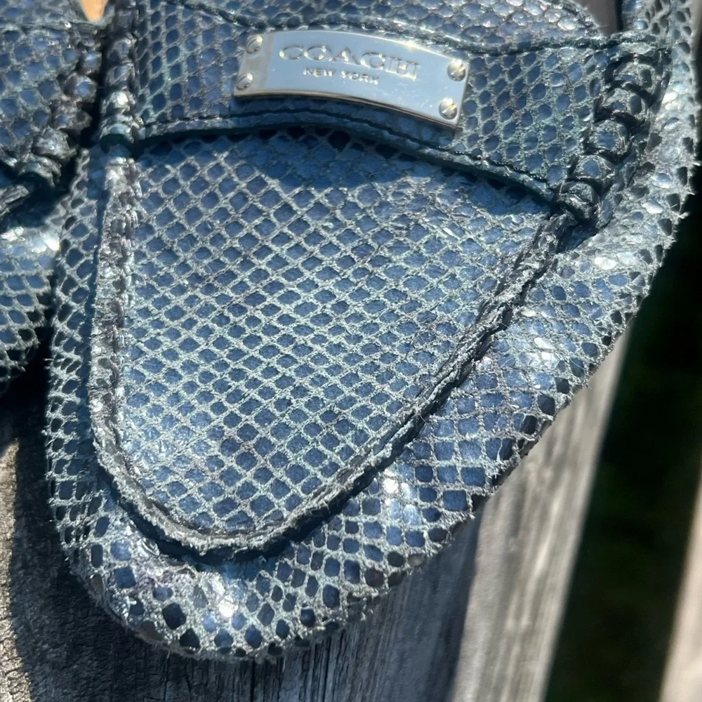 Coach Fredrica blue iridescent snake print leather logo loafers Y2K